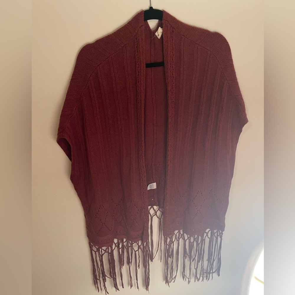 Boho sleeveless orange / red with fringe Shawl like Sweater